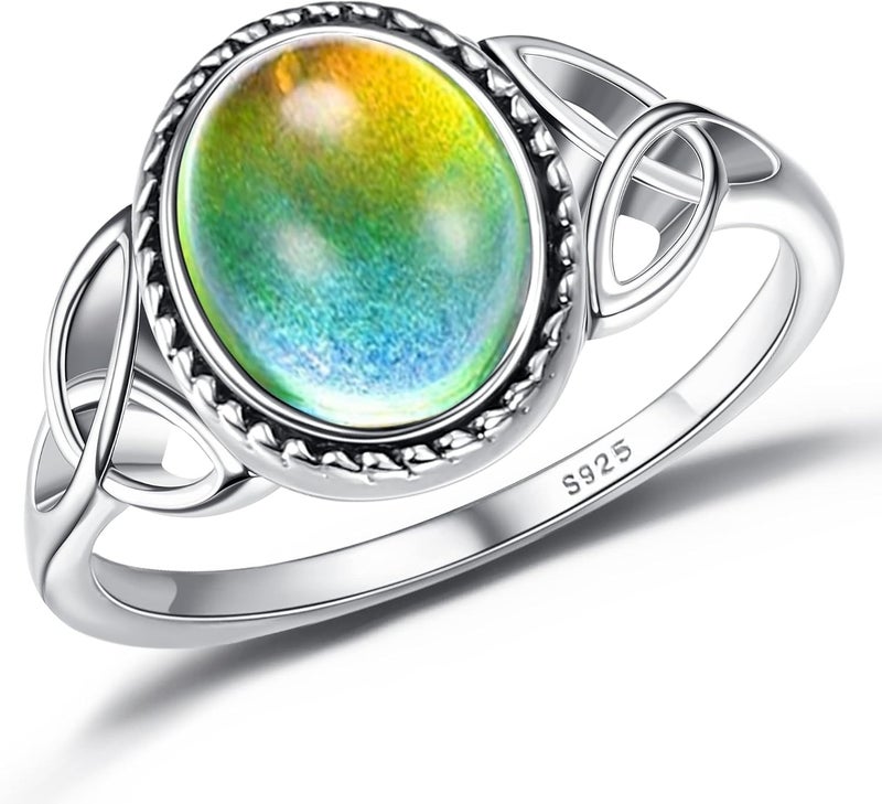 Adramata 925 Sterling Silver Mood Ring for Women Vintage Celtic Knot Rings Jewelry 18K White Gold Plated Oval Solitaire Mood Ring Temperature Control Color Change Mood Ring - Image 1